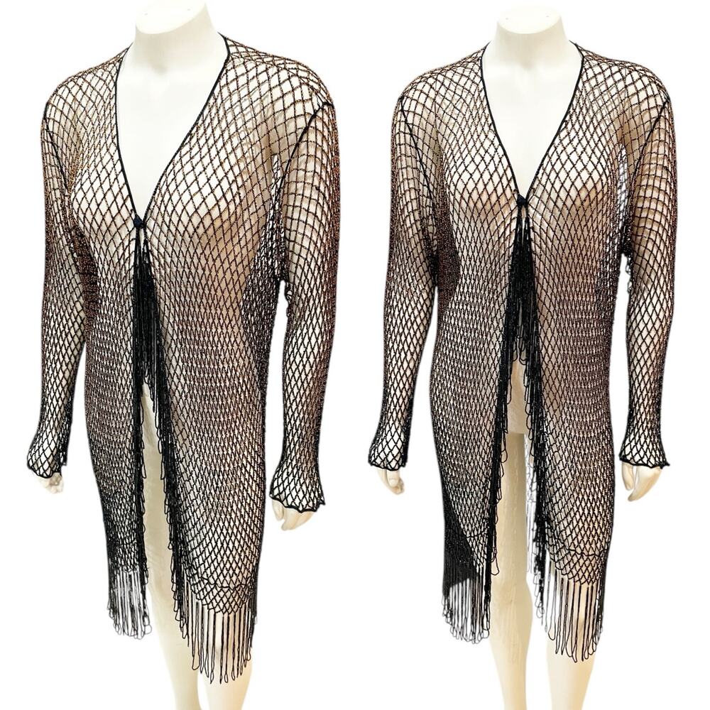 Chico's Vintage Loop Beaded Fringe Shrug Lattice Black Brown Netted Cover
